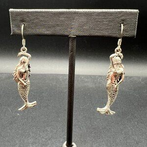 Sterling Silver 925 Mermaid Dangle Earrings Nautical Ocean Sea Life Fantasy Boho